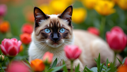 Siamese cat in flowers: Siamese cat gracefully nestled among bright flowers in a garden, accented by her contrasting colors and expressive blue eyes.