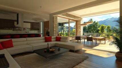 Luxury Mountain View Living Room Design: Modern Sectional Sofa, Open Plan, and Stunning Panoramic Views