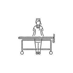 Nurse or intern standing at gurney patient bed cart icon vector at work hospital illustration 