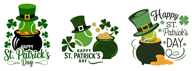 Colorful Set of St. Patrick's Day Illustrations Featuring Hats, Gold, and Shamrocks isolated on a white background
