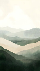 A serene landscape featuring layered mountains in soft, muted colors.