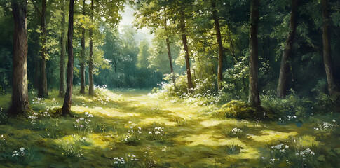 Fototapeta premium A serene forest scene with sunlight filtering through trees, illuminating a grassy clearing.