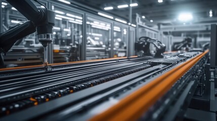 Fototapeta premium Battery manufacturing assembly line showcasing advanced technology and precision engineering, where skilled workers meticulously assemble components to ensure high-performance energy solutions.