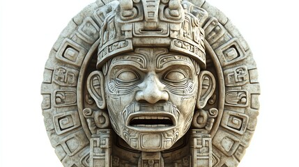 A 3D rendering of a stone sculpture of a Mayan head with intricate details and a serious expression.