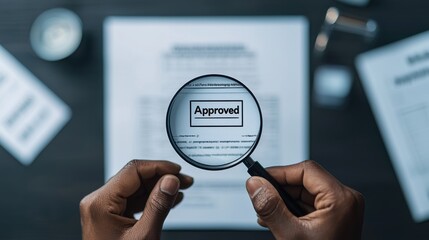 Business document approval under magnifying glass office setting