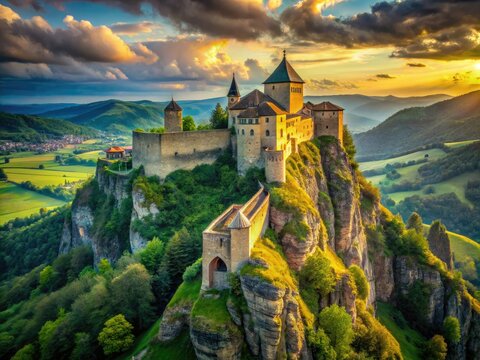Epic scenery: an impregnable medieval fortress crowns a hilltop, a breathtaking landscape.