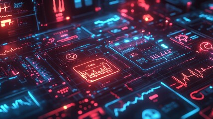 Futuristic digital health interface with glowing red and blue data displays.
