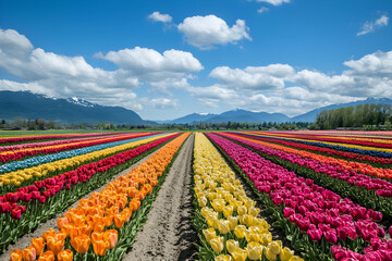 A vibrant field of tulips in various colors under a blue sky with mountains in the background.