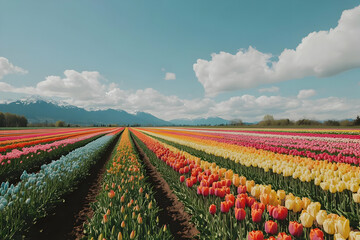 A vibrant field of blooming tulips under a blue sky, showcasing nature's beauty.