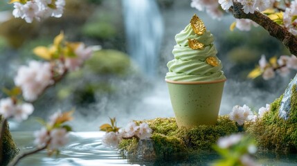Indulge in matcha green tea soft serve japanese garden dessert serene environment close-up luxury experience