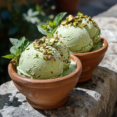 Scooping sicilian pistachio gelato ancient ter bads food art rustic charm culinary delight