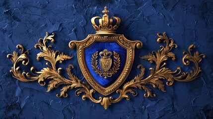 A regal crest with intricate gold detailing set against a rich royal blue background