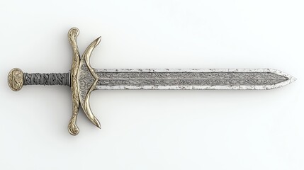 A silver sword with an ornate design and a brown handle.