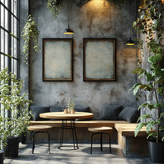 coffee shop room with tables and seating and plain boards