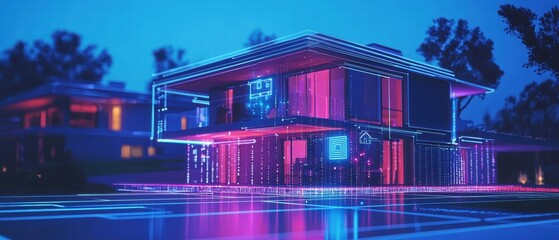 Futuristic Modern House with Neon Lights and Digital Elements at Night