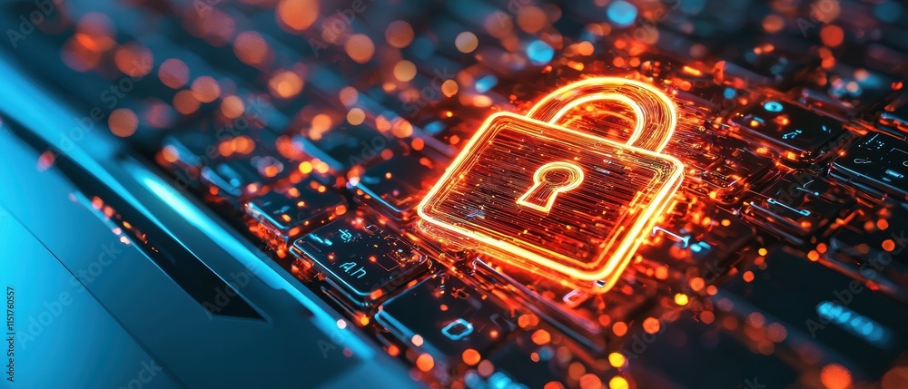 Poster digital lock symbol overlapping on futuristic keyboard background