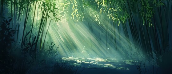 Serene Bamboo Forest with Sunlight Streaming Over Calm Water Surface