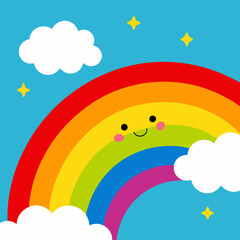 Bright Baby Background Featuring Rainbow, Smiling Clouds, and Colorful Sparkling Details