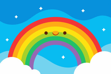 Bright Baby Background Featuring Rainbow, Smiling Clouds, and Colorful Sparkling Details