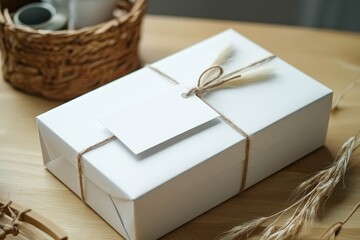 White gift box with blank tag, copy space.