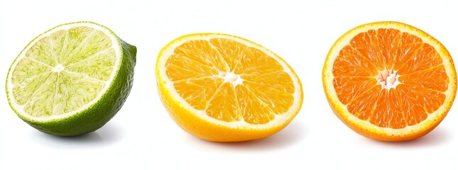 Fototapeta premium Fresh and vibrant slices of lime, lemon, and orange displayed on a white background, showcasing the colorful and juicy textures of these citrus fruits.