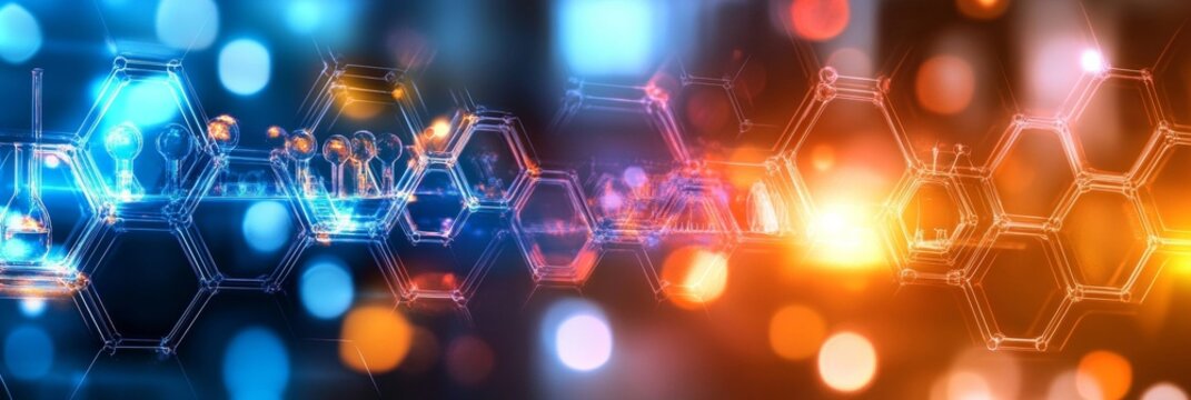 Abstract Technology Background With Hexagons, Network Connections, And Blurry Bokeh Lights