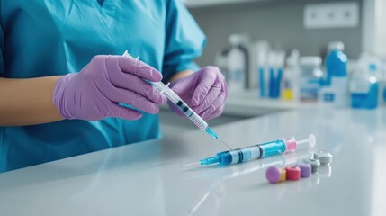 A healthcare professional preparing a syringe in a lab environment, focusing on precision and safety in medical practices.