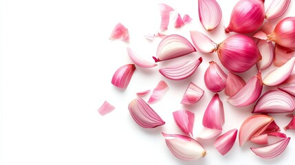 Fototapeta premium Red onion pieces arranged on a white isolated background, showcasing a vibrant and fresh culinary ingredient.