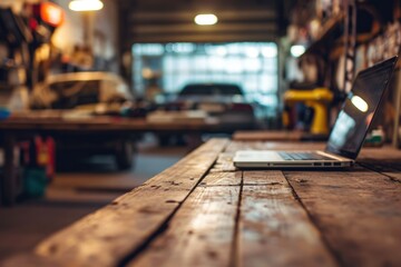 Automotive Workspace: Laptop on Wooden Table with Blurred Car Service Center Background