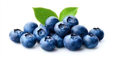 Fototapeta premium Fresh blueberries arranged with vibrant green leaves, white isolate background, perfect for healthy food concepts.