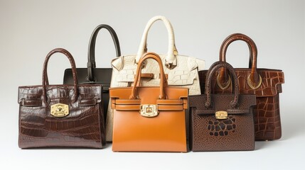 Collection of luxury leather handbags in various colors and sizes.