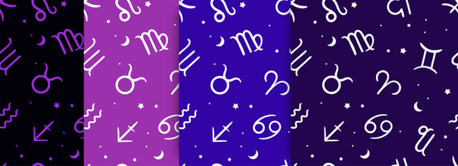 Vector set of seamless patterns of zodiac signs.
