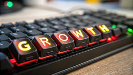 Keyboard with illuminated keys spelling GROWTH, symbolizing progress and development in business. modern workspace setting