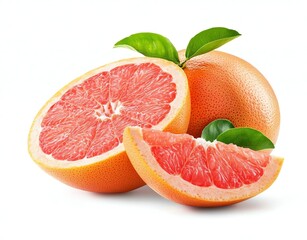 Vibrant citrus grapefruit with slices and green leaves on a white isolated background.