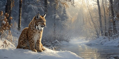 Lynx observing tranquil snowy landscape near stream winter wonderland wildlife photography serene environment