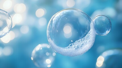 Soap bubbles and foam on ocean blue background. Macro photography of white foam texture and transparent suds. Clean minimalist design with aqua blue gradient. Hygiene concept in commercial style.