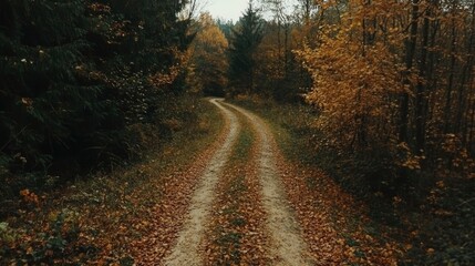 Obraz premium Winding Forest Path Autumn Leaves Scenic Trail