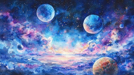 Celestial Watercolor: Planets and Nebula in Dreamy Skies
