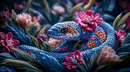 Fototapeta premium Knitted snake symbol of 2025, vibrant mood, nestled among colorful flowers and leaves 