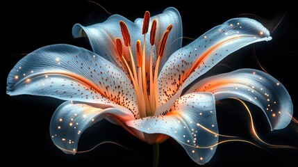 Glowing white lily flower with orange accents on a black background.