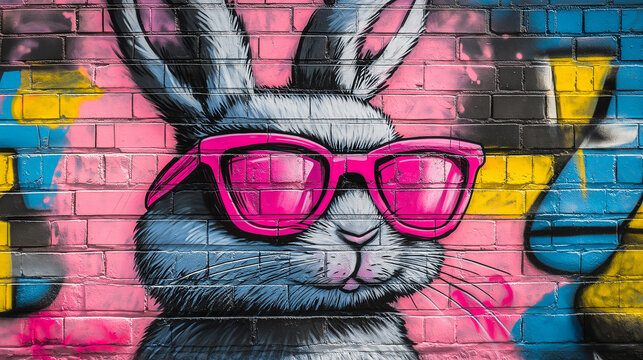 Pop art comic street graffiti with easter bunny, rabbit with sunglasses on brick wall.