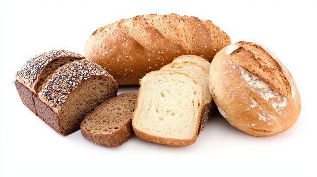 Assorted fresh breads on white background food photography studio