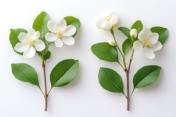 Fototapeta premium Two sprigs of delicate white flowers with green leaves, arranged symmetrically on a white background.