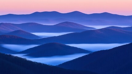 Misty Mountains at Dawn Soft Hues of Purple and Blue
