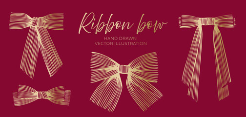Set of gold hand-drawn ribbon bows on a red background. Elegant vector illustration for holiday decoration. Design for cards, invitations, posters, and banners.