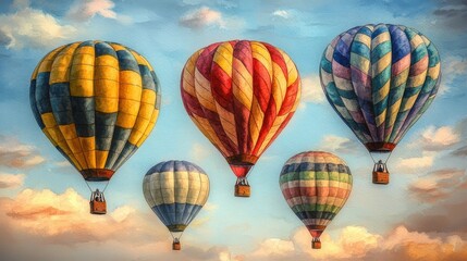 Obraz premium Colorful hot air balloons ascend, a vibrant sky backdrop