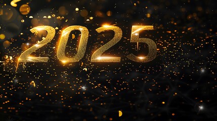 Stylish black background with glowing neon 2025 numbers, surrounded by subtle gold dust and festive accents.