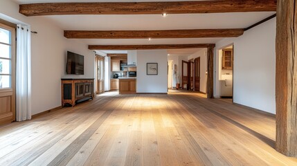 Obraz premium Spacious Open Plan Living Area with Exposed Wooden Beams and Hardwood Floor