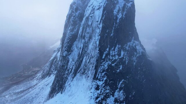 Aerial Hyperlapse of Segla Mountain in the Snow