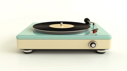 Fototapeta premium A vintage record player with a blue and cream color scheme and a wooden base.